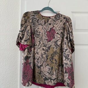 Anthropologie sequin Floral Blouse in Black, Gold, and Pink